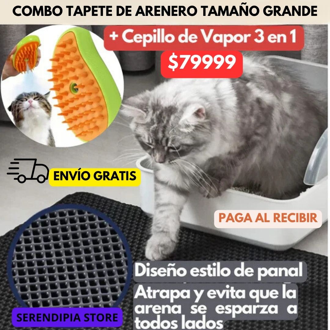 COMBO FELINO TAPETE ARENERO + CEPILLO VAPOR 3 EN 1