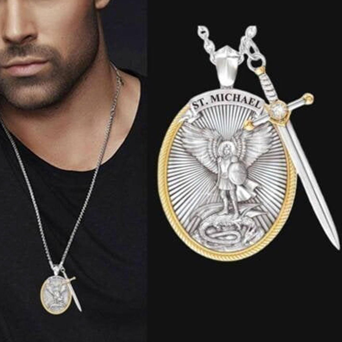 COLLAR Y MEDALLA DE SAN MIGUEL ARCÁNGEL + CAJA DE REGALO