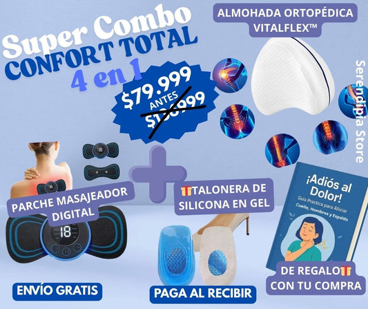 COMBO CONFORT TOTAL 4 EN 1 ALMOHADA VITALFLEX™+ MINI PARCHE MASAJEADOR DIGITAL+🎁PLANTILLA TALONERA DE SILICONA EN GEL + 🎁 LIBRO DIGITAL ADIÓS AL DOLOR.
