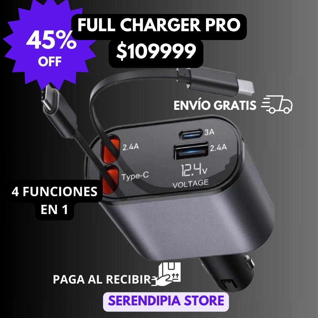 FULL CHARGER PRO CARGADOR RETRÁCTIL 4 EN 1 PARA CARRO